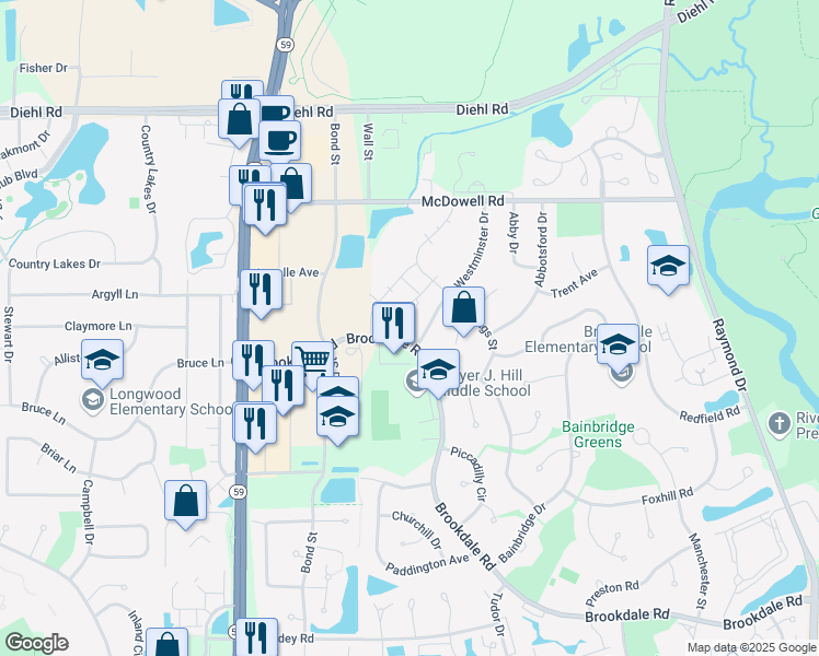map of restaurants, bars, coffee shops, grocery stores, and more near 1507 Westminster Drive in Naperville