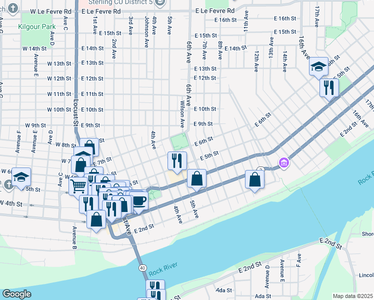 map of restaurants, bars, coffee shops, grocery stores, and more near 506 East 6th Street in Sterling