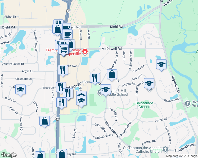 map of restaurants, bars, coffee shops, grocery stores, and more near 1507 Westminster Drive in Naperville
