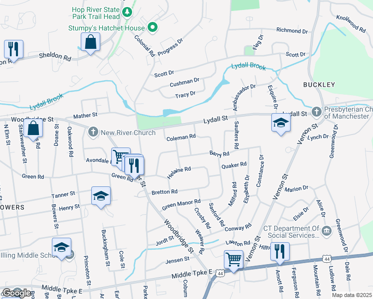 map of restaurants, bars, coffee shops, grocery stores, and more near 12 Bonner Road in Manchester
