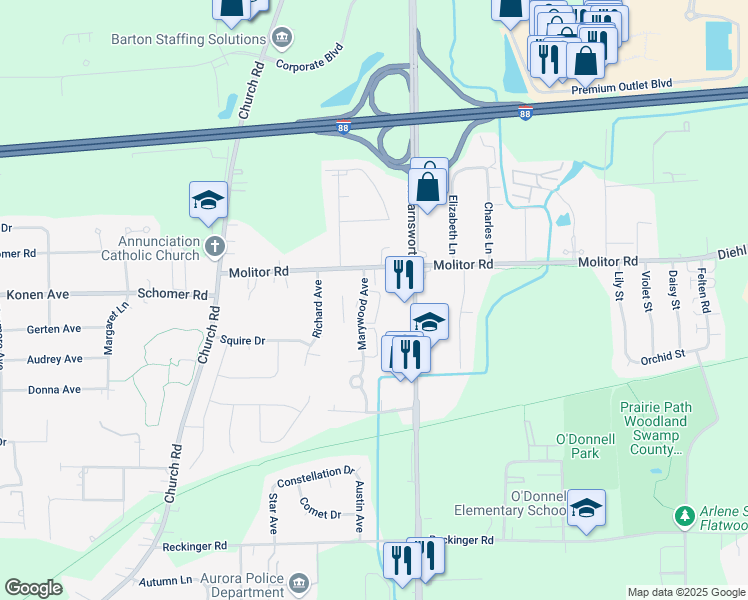 map of restaurants, bars, coffee shops, grocery stores, and more near 1735 North Marywood Avenue in Aurora