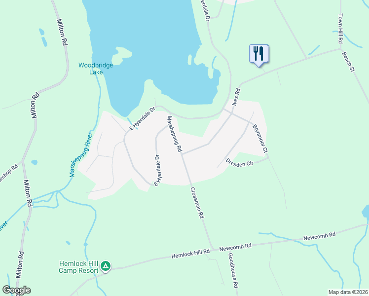 map of restaurants, bars, coffee shops, grocery stores, and more near 156 Ives Road in Goshen