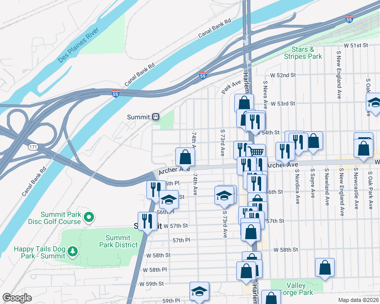map of restaurants, bars, coffee shops, grocery stores, and more near 5434 South 74th Avenue in Summit