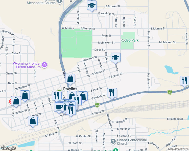 map of restaurants, bars, coffee shops, grocery stores, and more near 213 East Maple Street in Rawlins