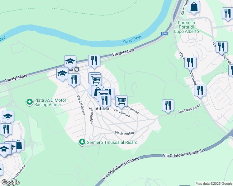 map of restaurants, bars, coffee shops, grocery stores, and more near 19 Via Camugnano in Vitinia
