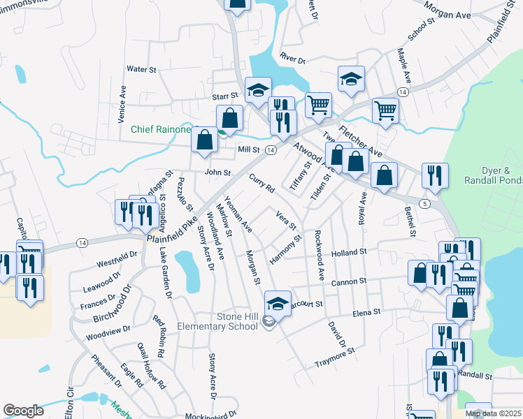 map of restaurants, bars, coffee shops, grocery stores, and more near 40 Colony Street in Cranston