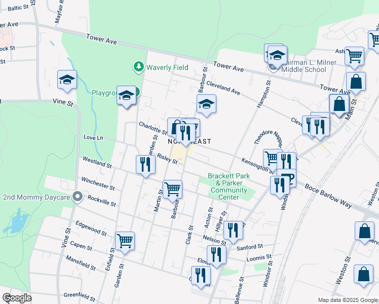 map of restaurants, bars, coffee shops, grocery stores, and more near in Hartford