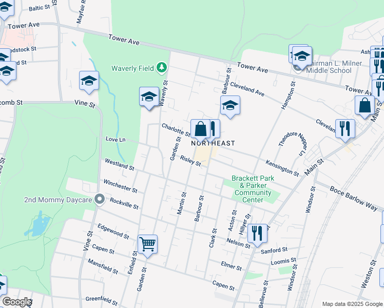 map of restaurants, bars, coffee shops, grocery stores, and more near 46 Risley Street in Hartford