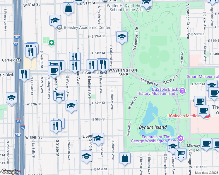 map of restaurants, bars, coffee shops, grocery stores, and more near 326 East 56th Street in Chicago