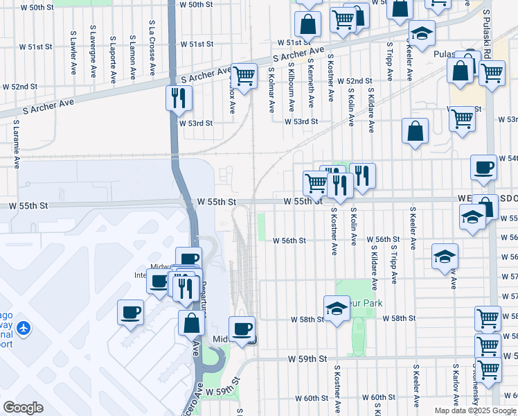map of restaurants, bars, coffee shops, grocery stores, and more near 4626 West 55th Street in Chicago