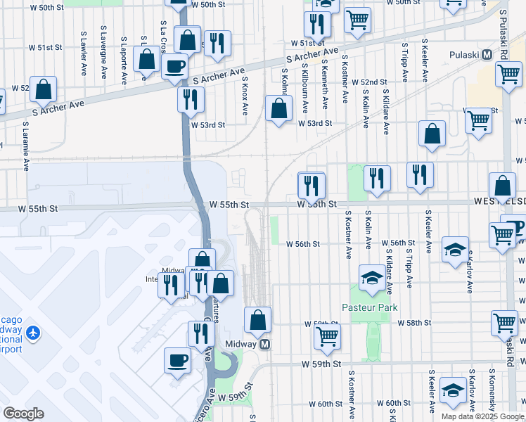map of restaurants, bars, coffee shops, grocery stores, and more near 4626 West 55th Street in Chicago