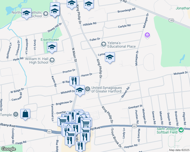 map of restaurants, bars, coffee shops, grocery stores, and more near 11 Huron Drive in West Hartford