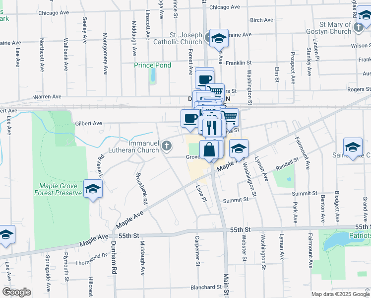 map of restaurants, bars, coffee shops, grocery stores, and more near 1110 Grove Street in Downers Grove