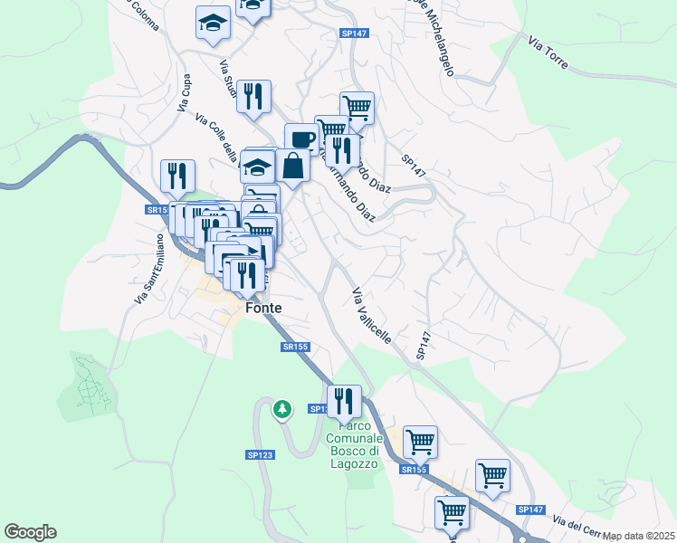 map of restaurants, bars, coffee shops, grocery stores, and more near 30 Via Vallicelle in Fiuggi