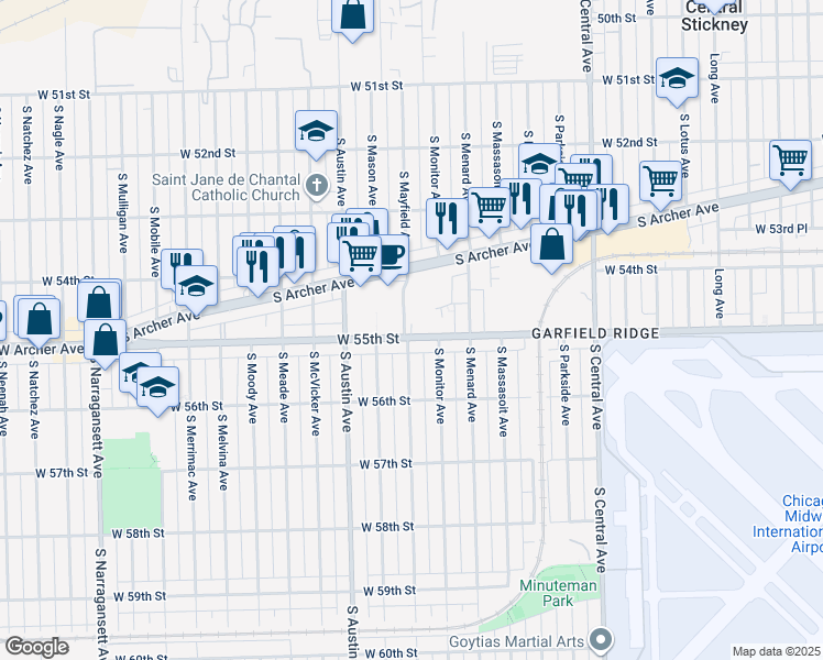 map of restaurants, bars, coffee shops, grocery stores, and more near 5858 West 55th Street in Chicago