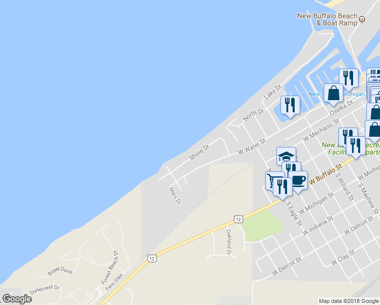 map of restaurants, bars, coffee shops, grocery stores, and more near 1300 Shore Drive in New Buffalo