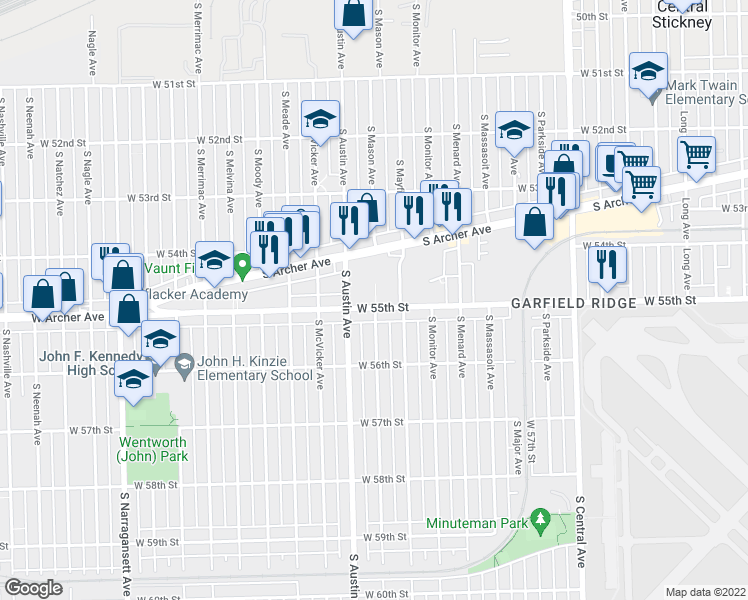 map of restaurants, bars, coffee shops, grocery stores, and more near 5934 West 55th Street in Chicago