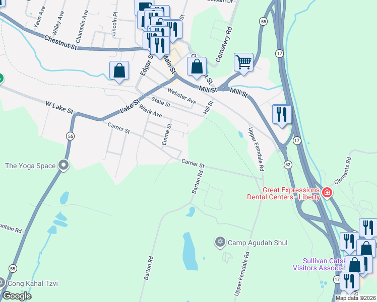 map of restaurants, bars, coffee shops, grocery stores, and more near 6 Antoinette Avenue in Liberty