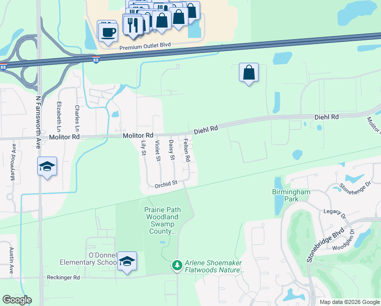 map of restaurants, bars, coffee shops, grocery stores, and more near 1761 Felten Road in Aurora