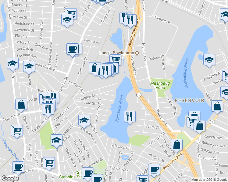 map of restaurants, bars, coffee shops, grocery stores, and more near 18 Gordon Street in Cranston