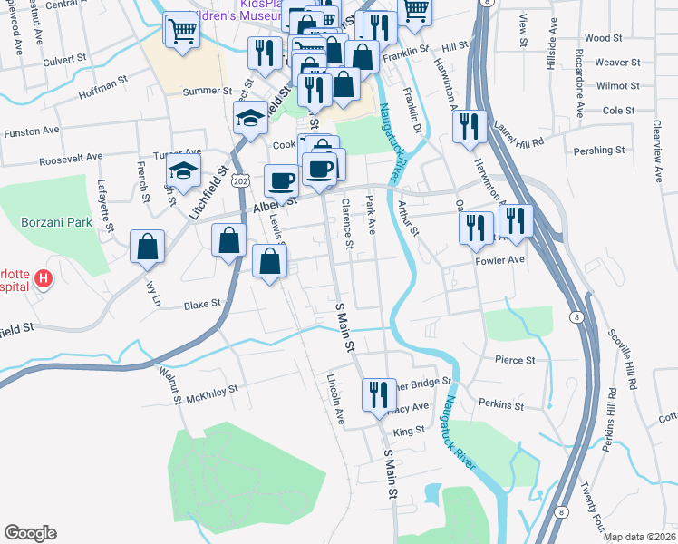 map of restaurants, bars, coffee shops, grocery stores, and more near 367 South Main Street in Torrington