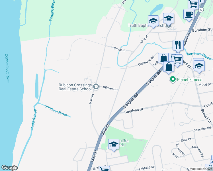map of restaurants, bars, coffee shops, grocery stores, and more near 38 Gilman Street in East Hartford