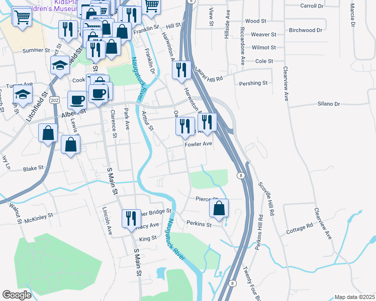 map of restaurants, bars, coffee shops, grocery stores, and more near 241 Oak Avenue in Torrington