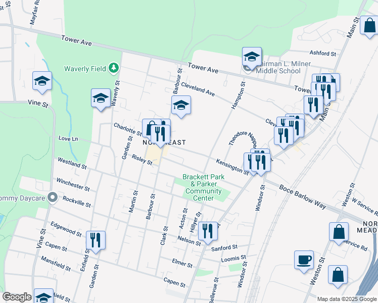 map of restaurants, bars, coffee shops, grocery stores, and more near 57 Kensington St in Hartford