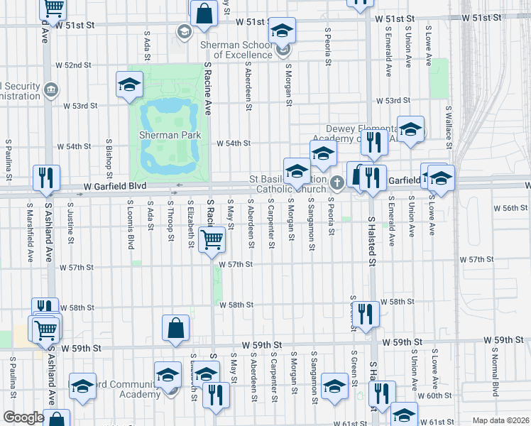 map of restaurants, bars, coffee shops, grocery stores, and more near 5527 South Carpenter Street in Chicago