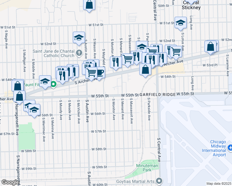 map of restaurants, bars, coffee shops, grocery stores, and more near 5820 W 55th St in Chicago