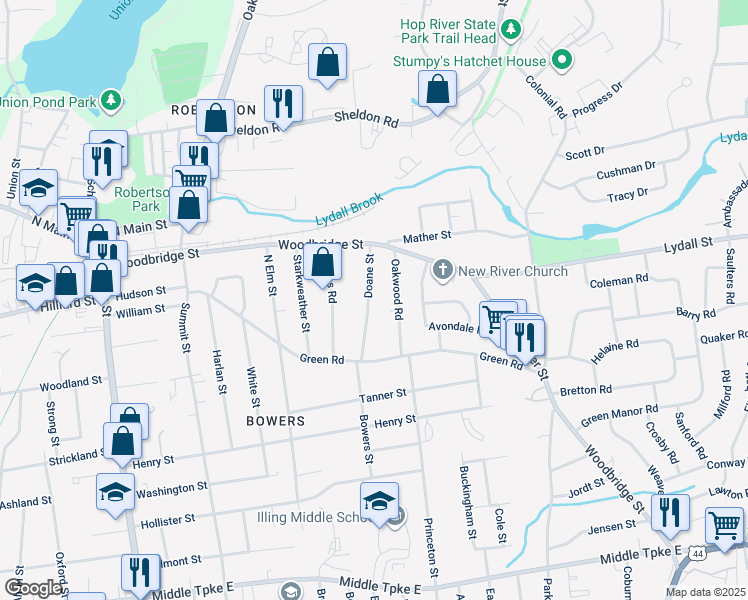 map of restaurants, bars, coffee shops, grocery stores, and more near 49 Doane Street in Manchester