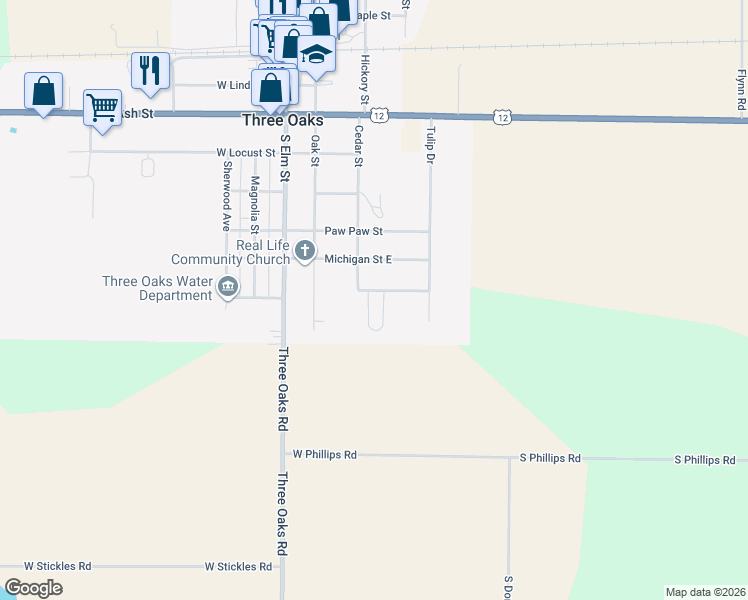 map of restaurants, bars, coffee shops, grocery stores, and more near 505 Three Oaks Woods Way in Three Oaks