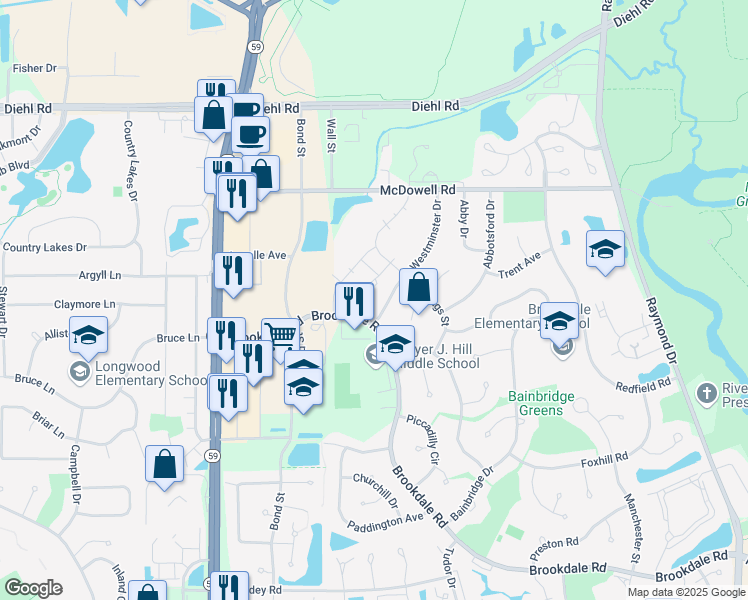 map of restaurants, bars, coffee shops, grocery stores, and more near 1507 Westminster Drive in Naperville