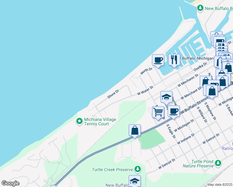 map of restaurants, bars, coffee shops, grocery stores, and more near 1205 Shore Drive in New Buffalo