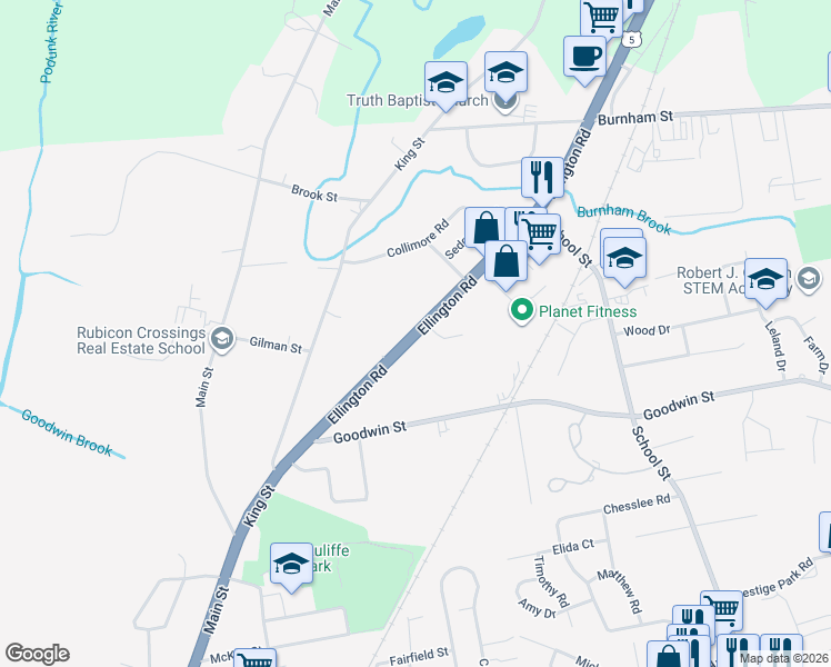 map of restaurants, bars, coffee shops, grocery stores, and more near 3 Northbrook Court in East Hartford