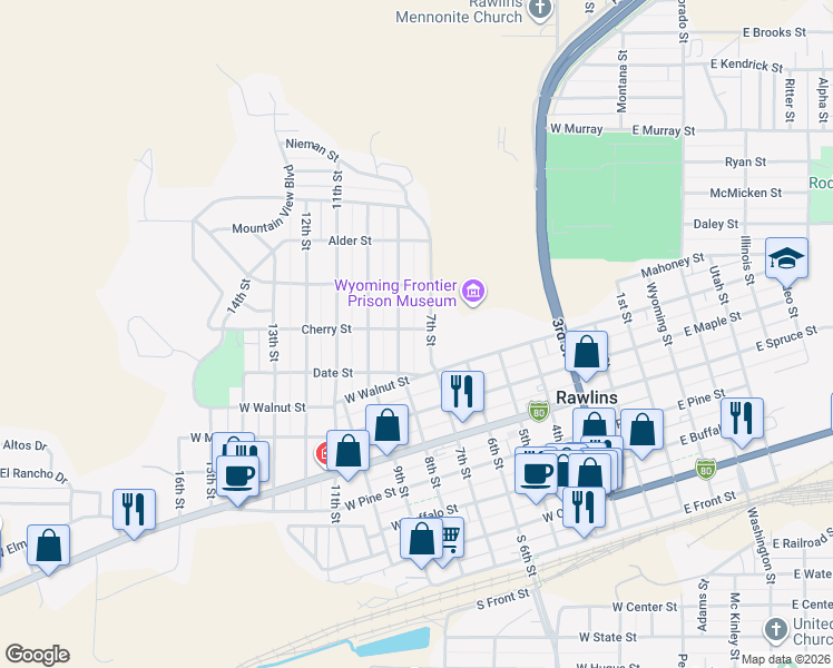 map of restaurants, bars, coffee shops, grocery stores, and more near 909 8th Street in Rawlins