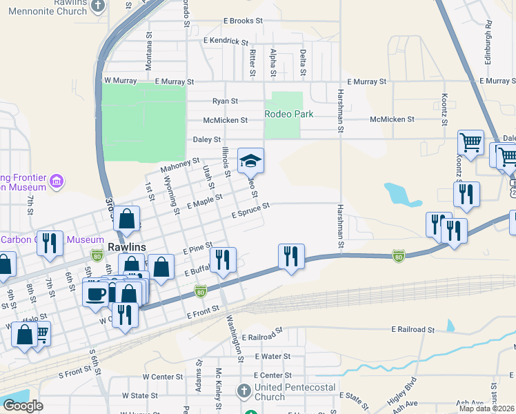 map of restaurants, bars, coffee shops, grocery stores, and more near 599 Rodeo Street in Rawlins