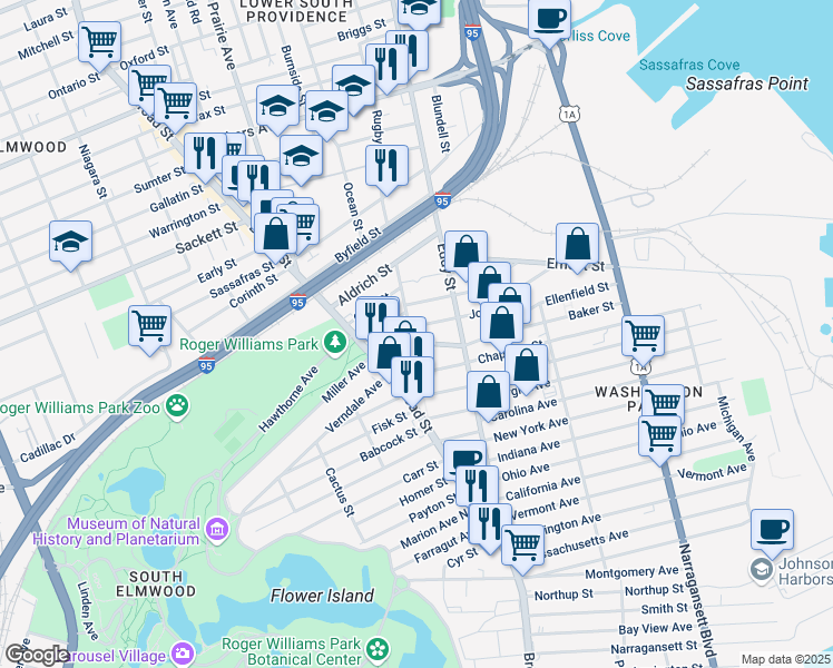 map of restaurants, bars, coffee shops, grocery stores, and more near 285 O Connor Street in Providence