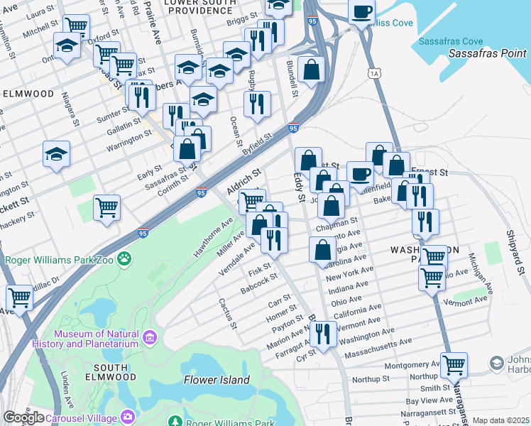 map of restaurants, bars, coffee shops, grocery stores, and more near 285 O Connor Street in Providence