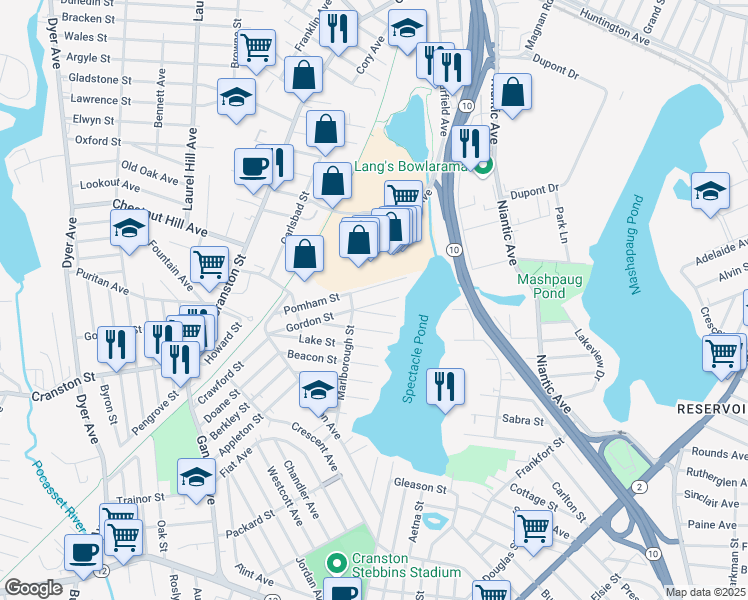 map of restaurants, bars, coffee shops, grocery stores, and more near 30 Pomham Street in Cranston