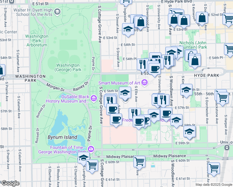 map of restaurants, bars, coffee shops, grocery stores, and more near 5607 South Maryland Avenue in Chicago