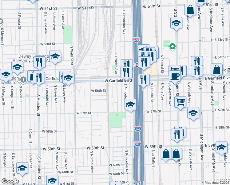 map of restaurants, bars, coffee shops, grocery stores, and more near 5552 South Shields Avenue in Chicago
