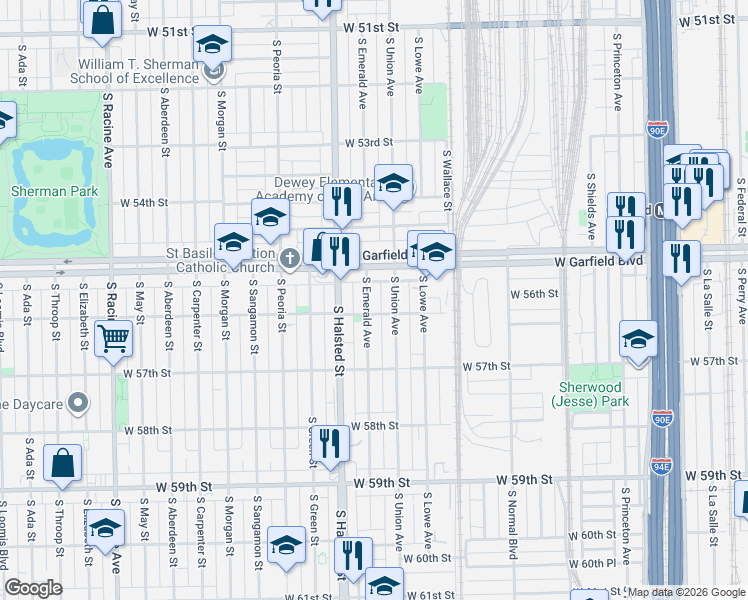 map of restaurants, bars, coffee shops, grocery stores, and more near 5533 South Emerald Avenue in Chicago