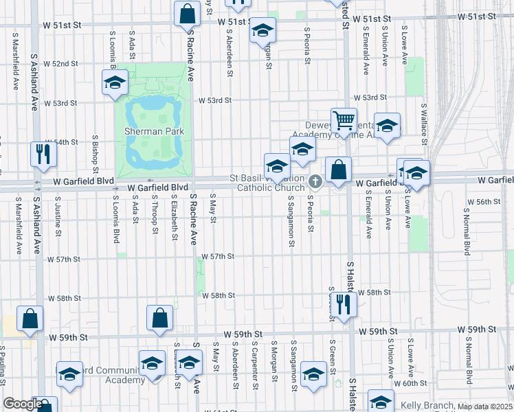map of restaurants, bars, coffee shops, grocery stores, and more near 5527 South Carpenter Street in Chicago