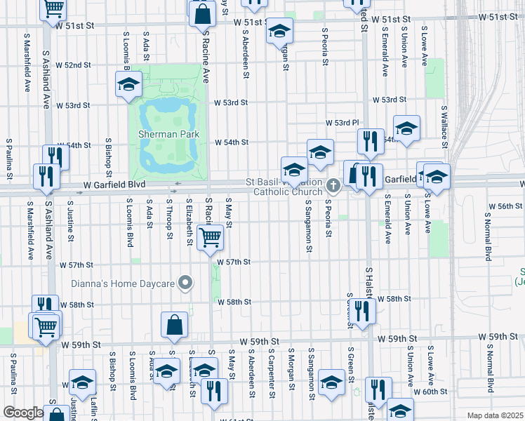 map of restaurants, bars, coffee shops, grocery stores, and more near 5527 South Carpenter Street in Chicago