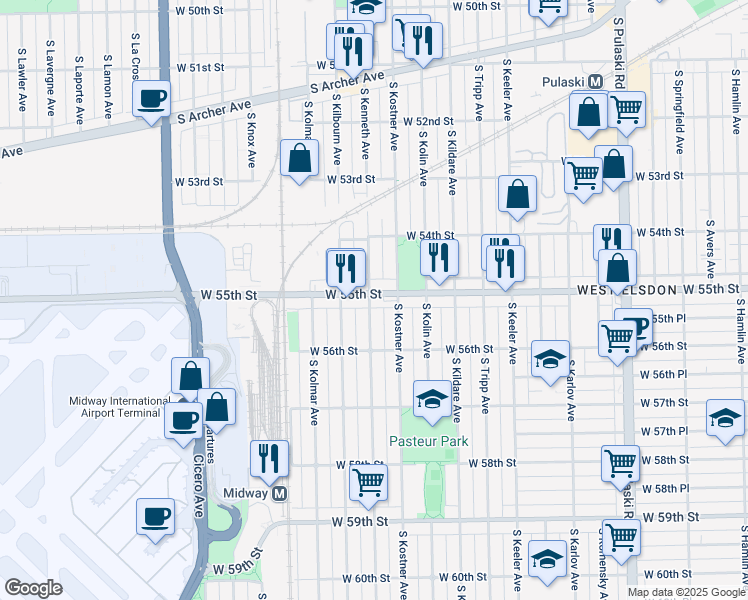 map of restaurants, bars, coffee shops, grocery stores, and more near 4401 West 55th Street in Chicago