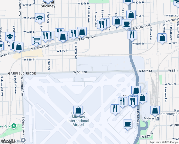 map of restaurants, bars, coffee shops, grocery stores, and more near 5700 South Cicero Avenue in Chicago