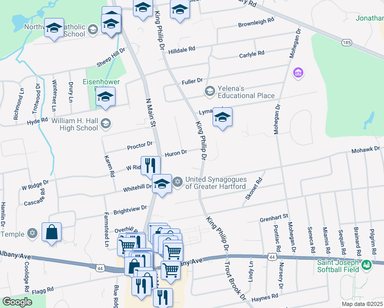 map of restaurants, bars, coffee shops, grocery stores, and more near 11 Huron Drive in West Hartford