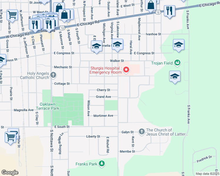map of restaurants, bars, coffee shops, grocery stores, and more near 606 Cherry Street in Sturgis