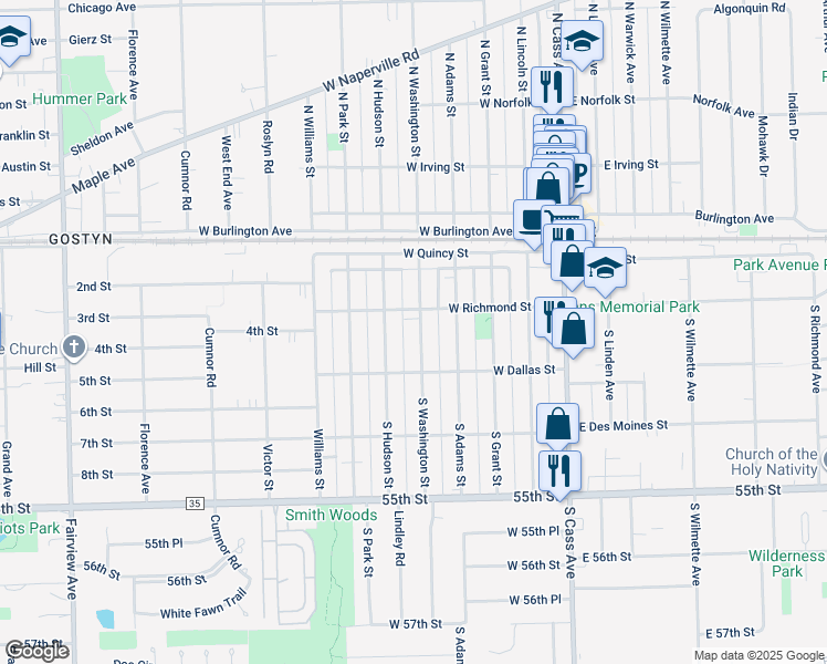 map of restaurants, bars, coffee shops, grocery stores, and more near 116 South Washington Street in Westmont